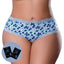 A curvy model wears a pair of crotchless blueberry printed boy shorts next to 2 x sachets of blueberry flavoured lube.