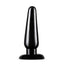 A large black PVC small butt plug stands against a white backdrop with a tapered, rounded tip.