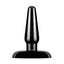 A small black PVC anal plug stands against a white backdrop and features a rounded tapered tip.