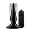 A black vibrating anal plug with a gradual flared design stands next to its remote control.