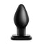 A black PVC butt plug stands against a white backdrop and has a girthy 2-inch wide design.