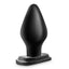 A black PVC butt plug with a girthy design stands against a white backdrop.