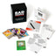 A flat-lay of an adult card game called "Bad People" lays on a white backdrop displaying its contents. 