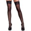 A model wears thigh high black sheer stockings with lace bands around the thighs.