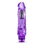 A clear purple vibrator stands against a white backdrop with a veiny shaft. 