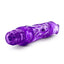 A clear purple vibrator lays on a white backdrop showcasing its easy-twist dial at the base.