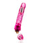 A clear pink waterproof phallic vibrator showcases its base open for 2 x AA batteries. 