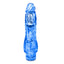 A clear blue vibrator stands against a white backdrop and features a ridged phallic head. 