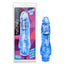 A package by Blush stands against a white backdrop next to a clear blue vibrator. 