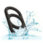 A black liquid silicone cock ring is shown in water to showcase its waterproof properties.