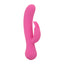 A pink rechargeable turbo rabbit vibrator stands against a white backdrop with a curved g-spot head. 