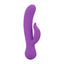 A purple rechargeable turbo rabbit vibrator stands against a white backdrop with a curved shaft.