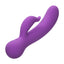 A purple rechargeable turbo rabbit vibrator lays flat and showcases its external scoop-shaped clitoral teaser.