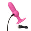 A pink vibrating beaded anal probe is shown with its charging cord attached to the back.