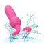 A pink vibrating beaded anal probe is shown splashing in water to showcase its waterproof properties.