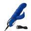 A navy blue motion rabbit vibrator lays flat on a white backdrop with its charging cord attached to the base handle.