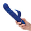 A hand model holds a navy blue silicone motion rabbit vibrator showcasing its scale.