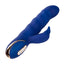 A navy blue motion rabbit vibrator lays flat on its side and showcases its 3-button control panel on the base handle.