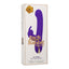 A box by CalExotics stands against a white backdrop with a purple silicone clitoral suction rabbit vibrator on it.