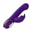 A purple clitoral suction rabbit vibrator lays flat on its side and showcases its 3 button control panel on the base handle.