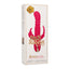 A box by CalExotics stands against a white backdrop with a pink triple fantasy rabbit vibrator on it.