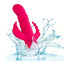 A pink silicone triple fantasy rabbit vibrator is shown splashed in water showcasing its waterproof properties. 