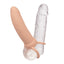 A dual penetrator with dual shaft and testicle rings is showcased worn on a clear dildo. 