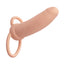 A rechargeable vibrating thick dual penetrator with dual shaft and testicle rings. 