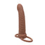 A brown vibrating dual penetrator stands against a white backdrop with a ribbed shaft.