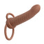 A brown rechargeable vibrating ribbed dual penetrator with dual shaft and testicle rings.