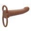 A brown rechargeable vibrating ribbed dual penetrator with a bulbous g-spot head. 