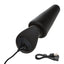 A black tapered anal probe lays flat on a white backdrop showcasing its magnetic charging cord attached to the base.