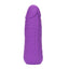 A purple liquid silicone mini vibrator stands against a white backdrop with a realistic phallic design. 