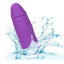 A purple mini phallic vibrator splashes in water showcasing its waterproof properties.