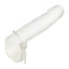 A clear dildo lays on a white backdrop with a silicone lasso cock ring around the shaft and testicles. 