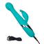 An aqua thrusting rabbit vibrator with rotating g-spot beads lays flat with its charging cord attached to the base. 