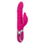 A pink thrusting rabbit vibrator with rolling beads up and down the shaft stands against a white backdrop. 