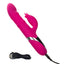 A pink rabbit thrusting vibrator lays flat on a white backdrop showcasing its charging cord attached to the base.