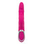 A pink thrusting rabbit vibrator stands against a white backdrop with a 3 x button control panel on the base handle.