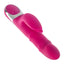 A pink thrusting rabbit vibrator with rolling beads lays flat on a white backdrop with a flickering-tongue shaped clitoral stimulator. 