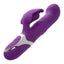 A purple thrusting rabbit vibrator with rotating beads lays flat on a white backdrop with a three button control panel on the base handle.