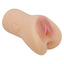 Side view of a realistic vagina masturbator with a tapered heart-shaped finger hold on the side. 