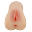 A realistic vagina masturbator sits against a white backdrop with hand-painted pink lips. 