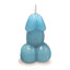 A blue candle in the shape of a penis stands on white backdrop. 