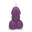 A purple candle in the shape of a penis stands on white backdrop. 