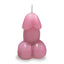 A pink candle in the shape of a penis stands on white backdrop. 