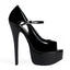 A black patent platform stiletto stands on a white backdrop with side cutouts that reveal windows on either side of your feet. 