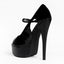 A black patent platform stiletto heel stands on a white backdrop with a slim ankle strap and adjustable buckle. 