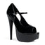 A black patent platform heel stands on a white backdrop with an open-toe design with a 6.5" stiletto heel.