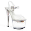 A clear light up stiletto platform stands on a white backdrop and features a curved toe box.